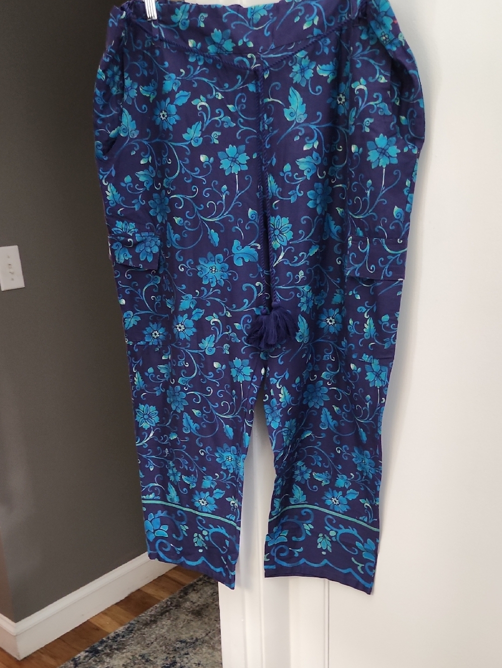 Sundance Teal and Navy Swirl Elastic-Waist Pants